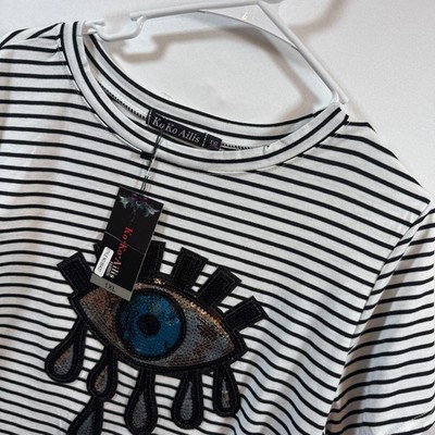 KoKo Ailis Striped Evil Eye Sequin T-Shirt Black White 1XL NWT 68437