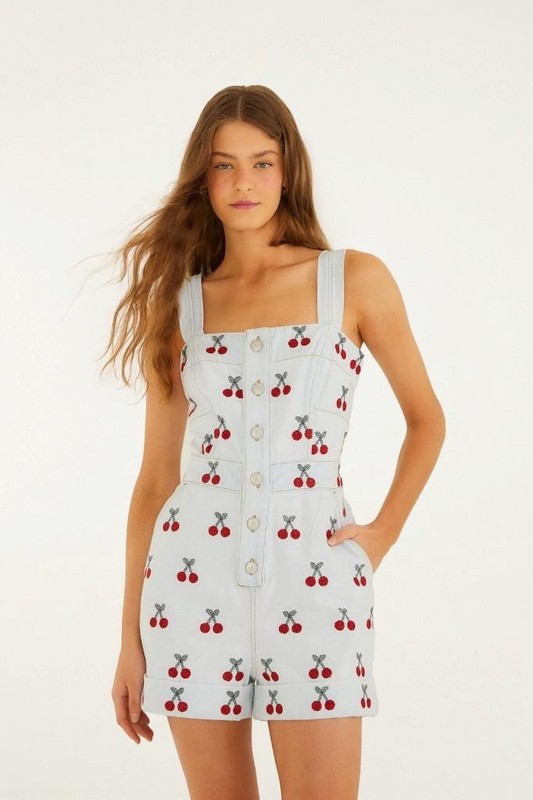 NWT AUTH FARM RIO Embroidered Cherry Denim Romper Sz EXTRA LARGE XL FREE SHIP