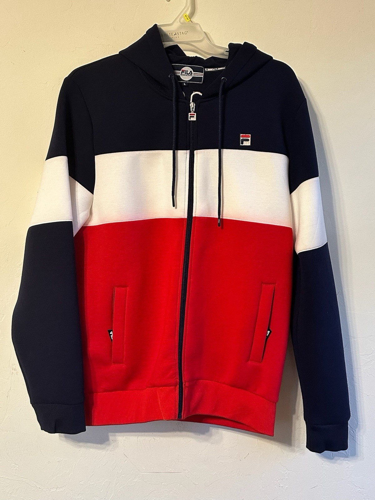 Felpa con cappuccio FILA uomo Hugo full zip pannello colorblock rosso bianco blu Lg