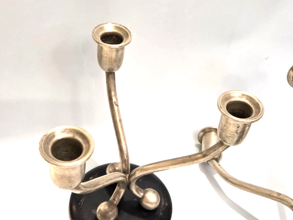 Антикварные старые австрийские подсвечники в стиле ар-деко из цельного серебра и дерева - Изображение 4 из 4