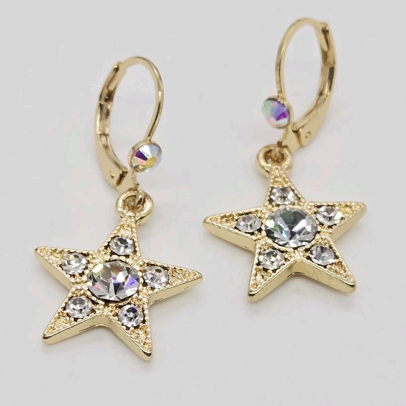 Kirks Folly STAR Pave crystal leverback DANGLE earrings Gold tone 1.5 in