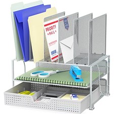 SimpleHouseware Mesh Desk Organizer with Sliding Drawer, Double Tray and Silver