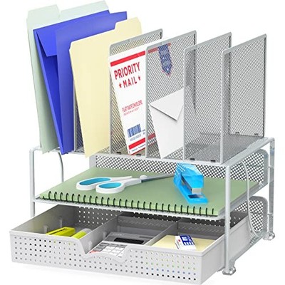 SimpleHouseware Mesh Desk Organizer with Sliding Drawer, Double Tray and Silver