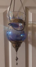 Hanging Lantern Irridescent Blue Glass Moroccan Style Candle Holder Lamp