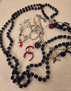 Jewelry lot Necklaces bangle 4 pair earrings enamel beads red white blue #5-13A