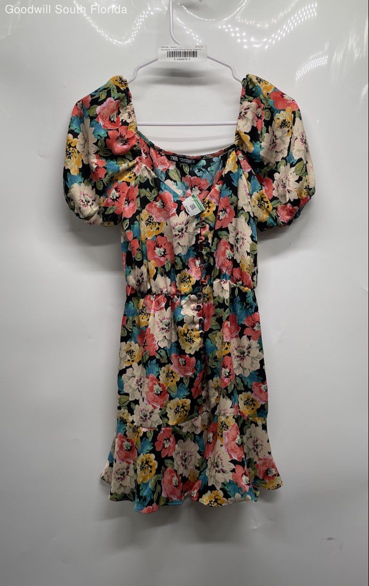 Zara Womens Multicolor Floral Print Puff Sleeve Button Front Mini Dress Size XS