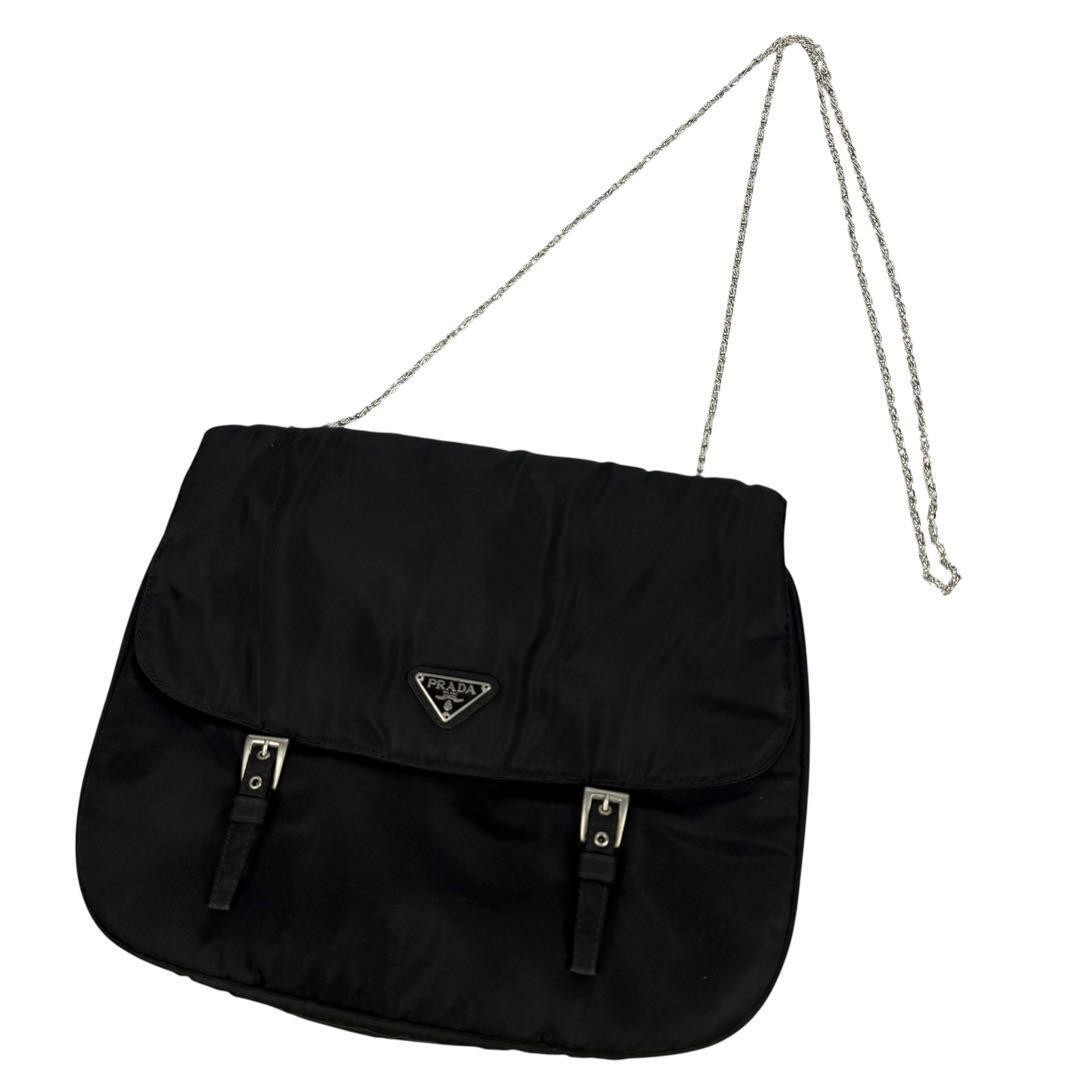 Prada Tessuto Nylon Black Chain Shoulder Bag with Triangle Logo Crossbody YBa0685
