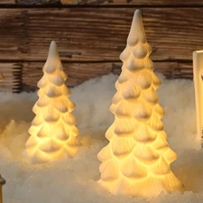 White Ceramic Christmas Trees 2Pcs Light Up Porcelain Xmas Tabletop Decor