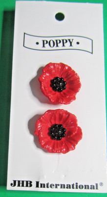 (2) VINTAGE JHB 3/4'' RED FLORAL POPPY PLASTIC SHANK NOVELTY BUTTONS-J2