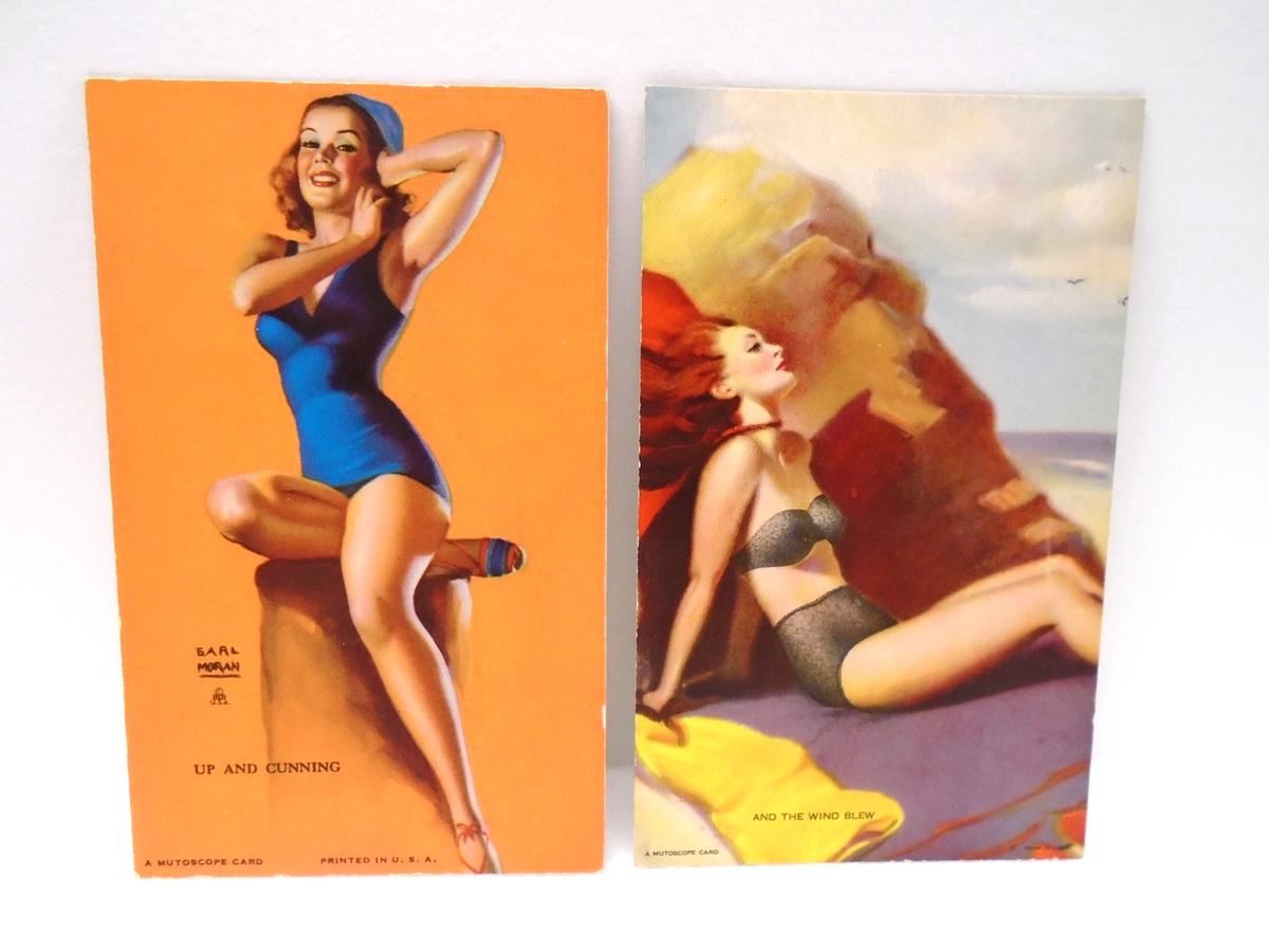 VTG (2) MUTOSCOPE LITHO PIN-UP ART CARDS! 1940's! 3 1/4