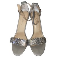 Betsey Johnson Gina Silver Rhinestone Ankle Strap Heels 10 Sparkly Bridal formal