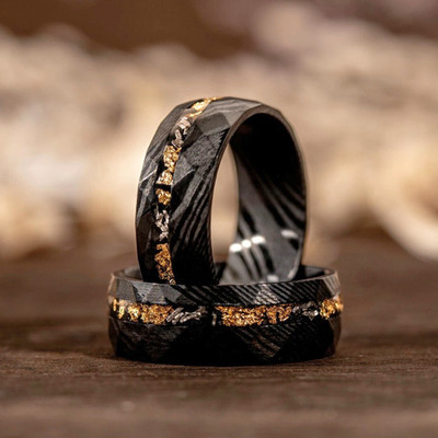 Damascus Meteorite Ring Mens Black Hammered Wedding Band Crushed Gold Leaf