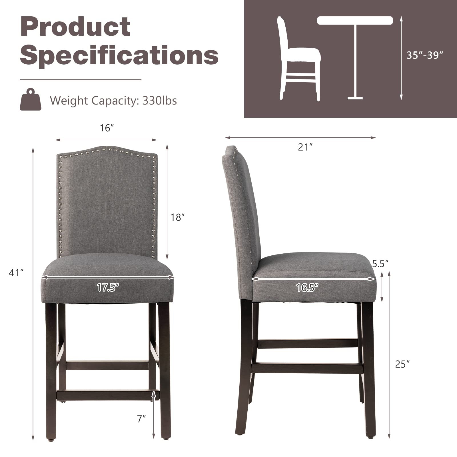 GOFLAME Bar Stools Set of 2, Modern Upholstered Counter Height Barstools with