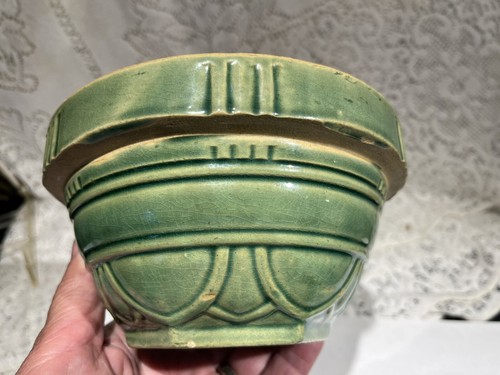 Antique McCoy Stoneware 6.5” Green Glaze Bowl w/ Hex Bottom - Picture 6 of 13