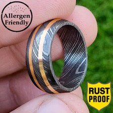 Customized Golden Double Lined Brass Inlay Damascus Steel Ring Men Wedding Band