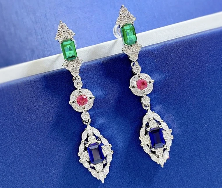 Blue Sapphires, Green Emeralds, Pink Tourmalines & Lab-Created Diamonds Earrings - Image 2 of 4