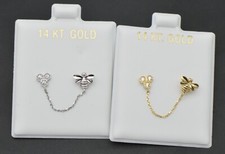 14K Solid Gold Yellow  Silver Bee  Honeycomb Double Chain Stud Earrings