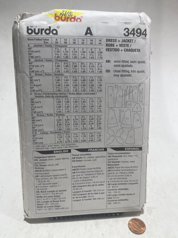 Burda Dress + Jacket Sizes 8-18 Pattern #3494 - Image 2 of 2