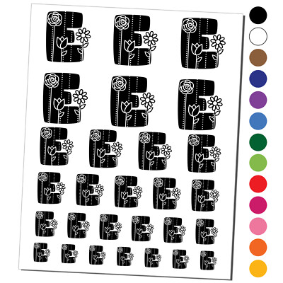 Sweet and Cute Flowers Rounded Block Letter E Temporary Tattoo Set