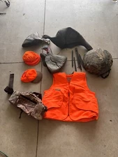Hunting Decoy Lot With A Vest , Hats , Pouch , And Seat Camo..