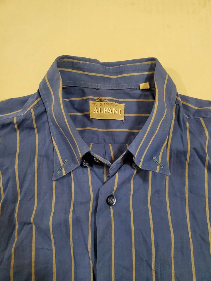 Camisa social masculina vintage ALFANI ITÁLIA tamanho 15,5 listra azul e cinza botão para cima G/S - Imagem 3 de 4