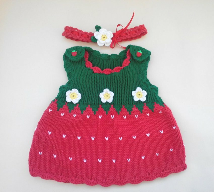 Strawberry costume baby girl, hand kntted dress booties headband red image 3