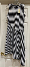 NWT, MICHAEL KORS DRESS-Navy/White Striped Viscose Sleeveless Asymmetrical Hem M