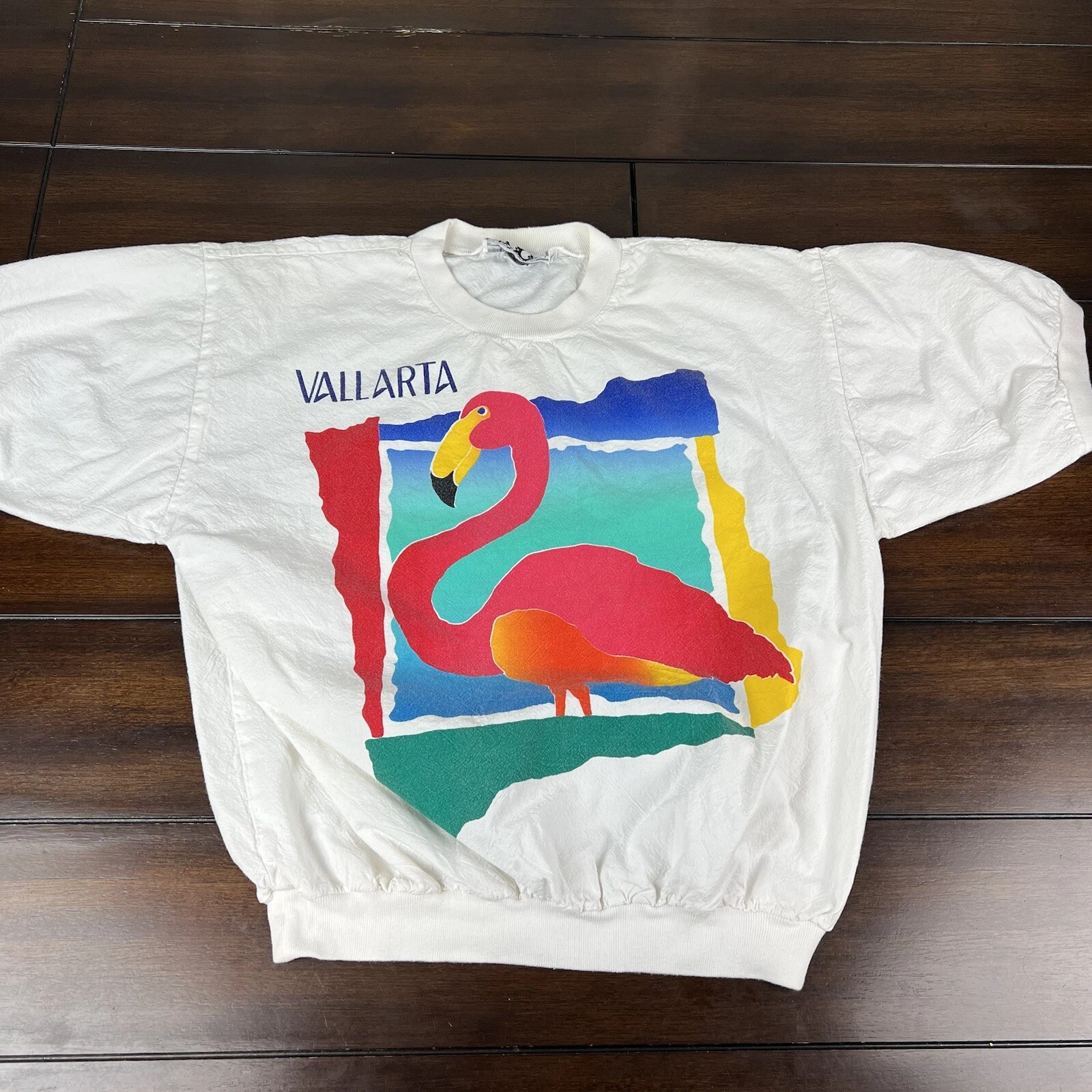 Vintage Look Beach Wear Pullover Shirt Flamingo Vallarta White Men Size Large