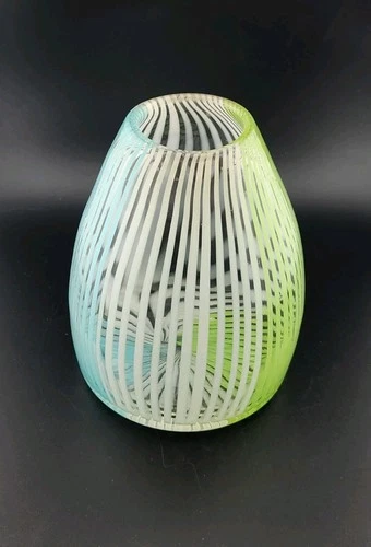 MURANO Style Art Glass VASE 1960s Filigrana Cane Lime White Blue Stripe Toso