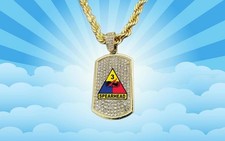 Deluxe Iced Bling Gold CZ Battle Tank 3rd Armored Division Dog Tag Chain US War