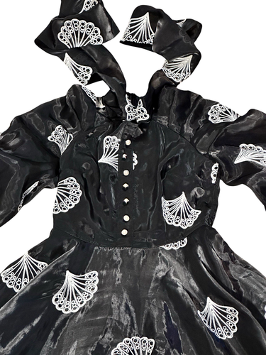 Black trumpet sleeve gossamer shimmer Wednesday Addams Prom dress faux pearls - Picture 5 of 19