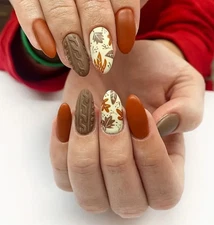 24 Pieces Press-on Nails - Long Almond Autumn Brown Maple Leaf Glossy