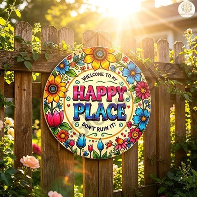 Welcome to My Happy Place Metal Sign Floral Mandala Boho Garden 8x8 Decor
