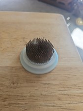 Vintage Flower Frog Floral Arranging Metal Spikes Round, White Plastic Base.