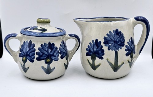 Louisville Stoneware Cream and Sugar Set Cornflower Bachelor Button SET OF 2 - Picture 1 of 16