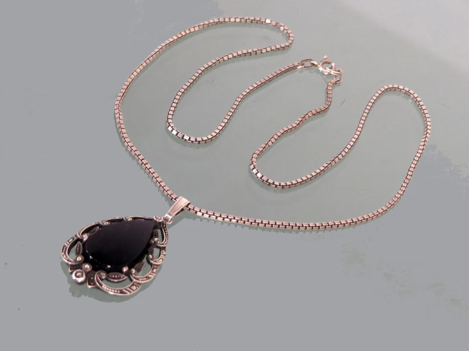 Art Deco Stile Onice Ciondolo Argento Marcasiti°925 Sterling Silver Con Catena - Immagine 3 di 4