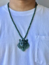 Natural Burma 21    Blue Jadeite Jade Beads Necklace W/ Tiger Pendant