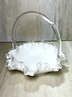 Vintage 1960s Fenton Silver Crest Milk Glass Basket White Ruffled Clear Handle