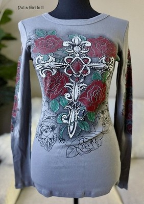 USA New VOCAL APPAREL Womens CRYSTAL GRAY CROSS RED ROSES SHIRT S Small Y2K