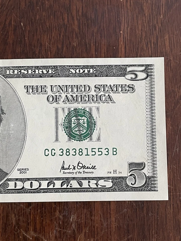 2001 - $5 Dollar Bill Note Clean Crisp - Image 4 of 4