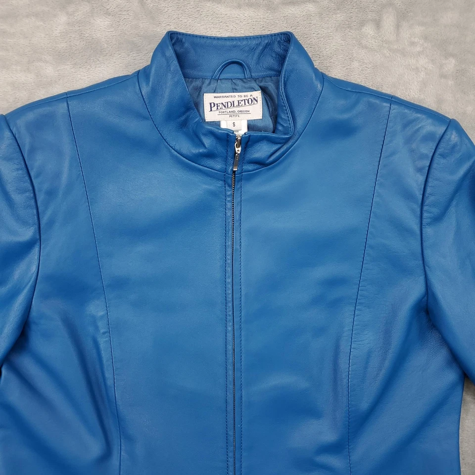 Pendleton Jacket Womens Small Petite Blue Leather Full Zip Front Lined Classic - Image 2 of 4