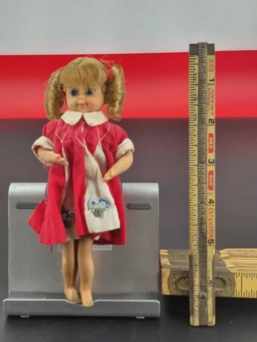 Vintage 1965 Mattel Japan Small Doll Blonde Pigtails Red Coat Blue Eyes 5.5"