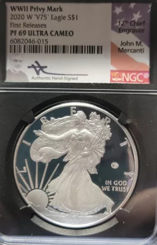 2020-W "V75" WWII Privy Mark American Silver $1 Eagle NGC PF69 Ultra Cameo.