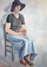 Impressionist portrait vintage gouache painting woman with hat