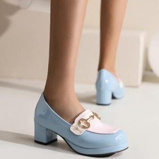 Women's Fashion Pull On Block Heels Square Toe Metal Chains Decor Shoes Cosplay