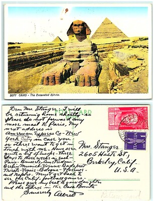 S03-2484, THE EXCAVATED SPHINX, CAIRO, EGYPT, ITALIY 1950S TO USA, POSTCARD
