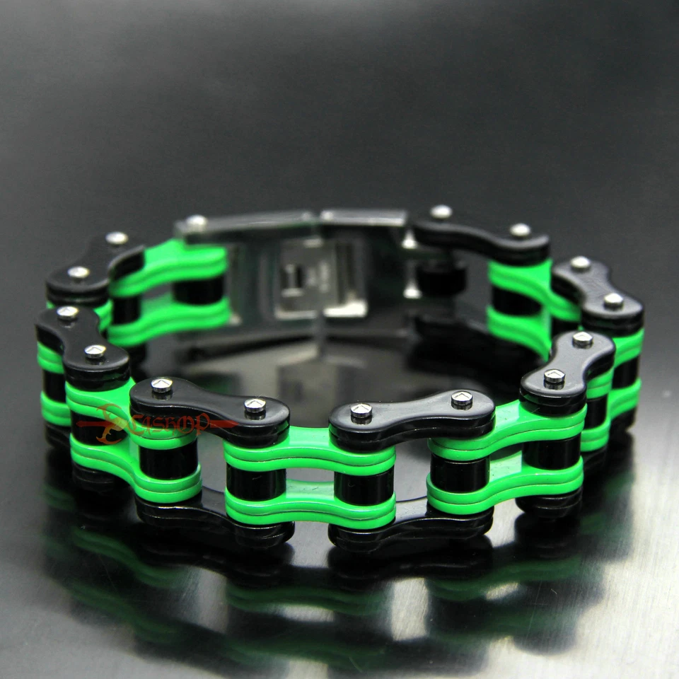 Brazalete de eslabones de cadena de acero inoxidable para motociclista pesado negro/verde para hombre Foto 2 de 4