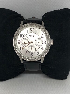 Fossil BQ1503 Men's Black Leather Analog Silver Dial Quartz Wrist Watch HG90