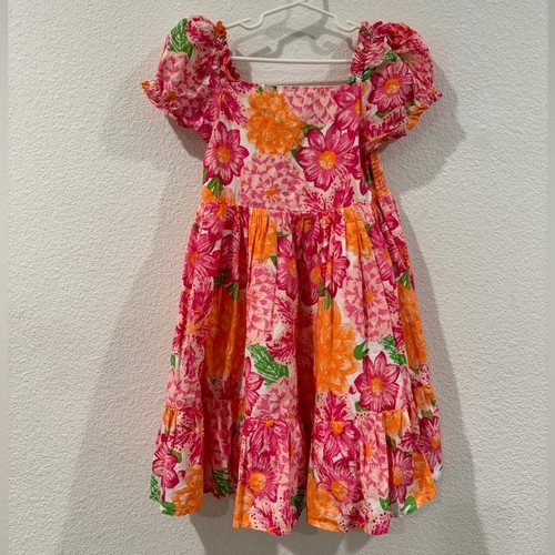 Joie Girl’s Floral Pink Orange Smocked Short Puff Sleeves A Line Dress Size 7