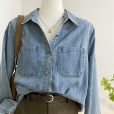 Women Denim Shirt Classic Blouse Button Down Top Casual Loose Pockets Blue